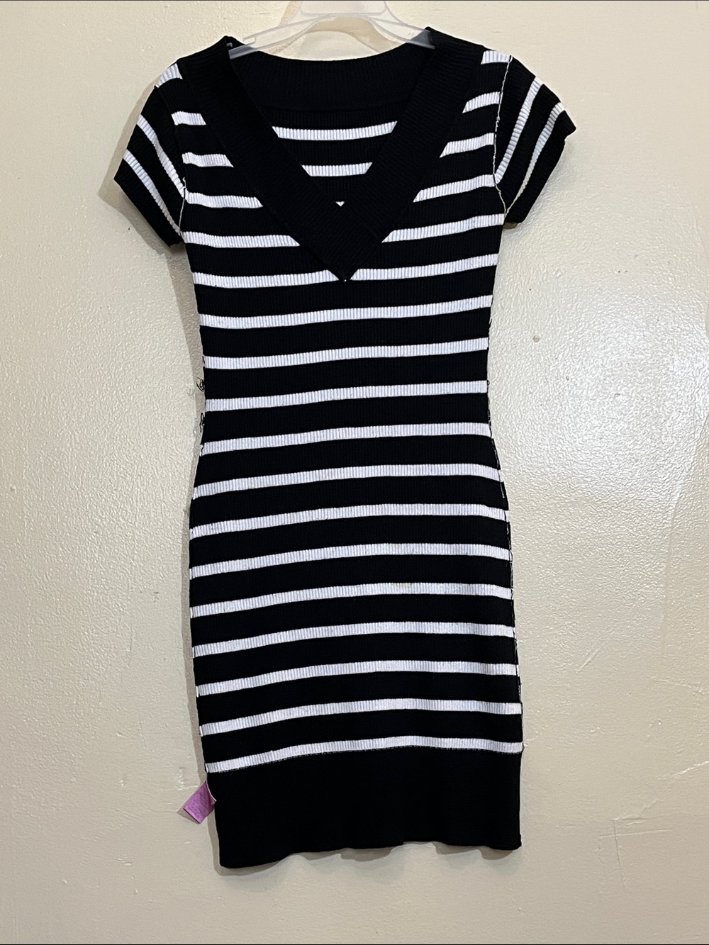 Striped V-Neck Knit Dress in Black and White - Picture 3 of 8